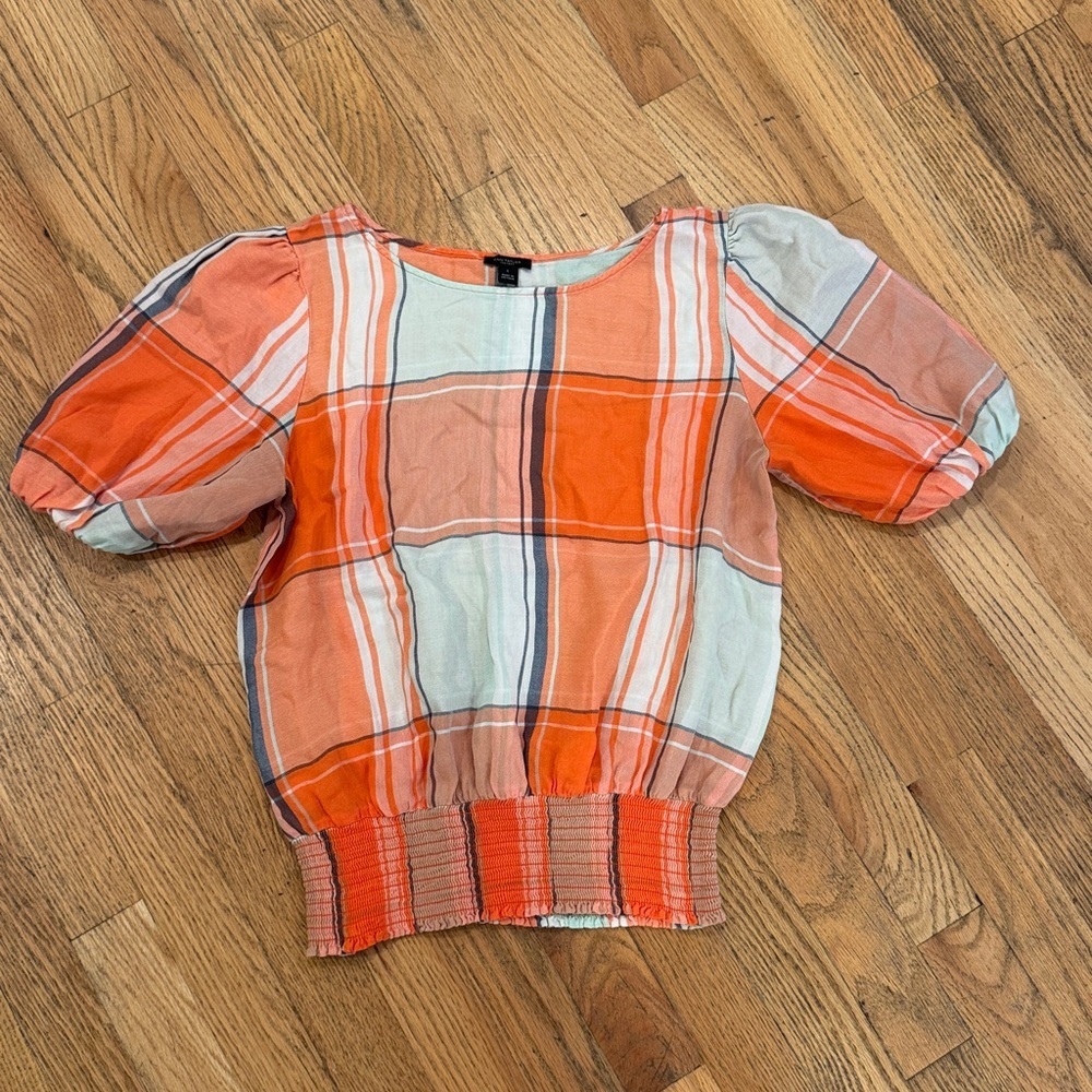Ann Taylor Orange plaid boat neck Blouse Puff Sleeve Top Size Small